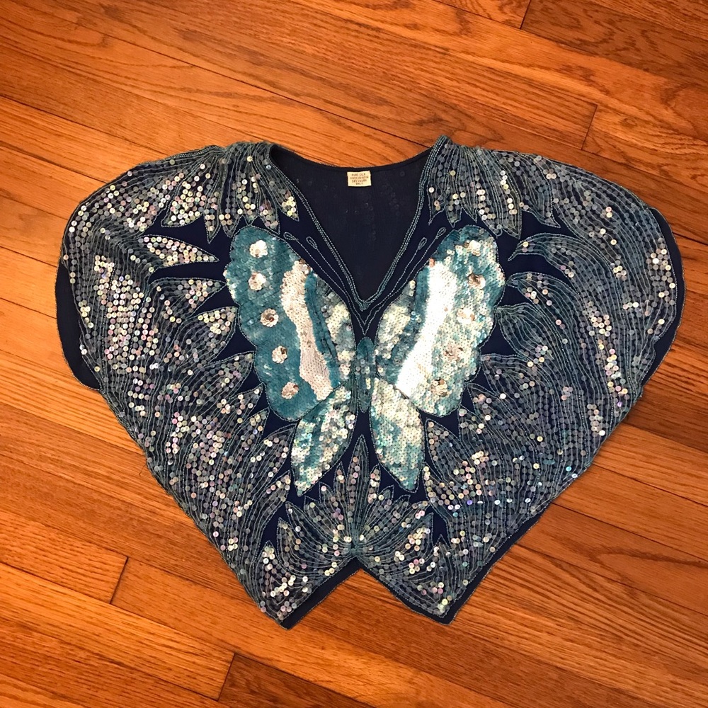 Blue sequin beaded butterfly top
